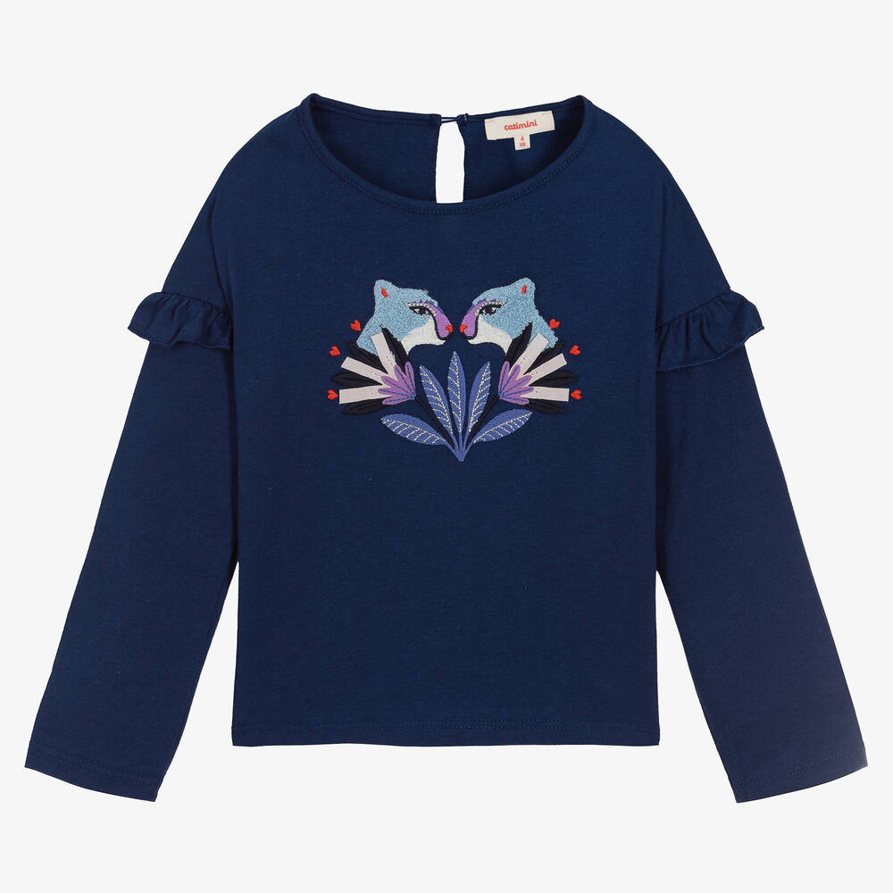 Catimini - Girls Blue Cotton Cat Top | Childrensalon