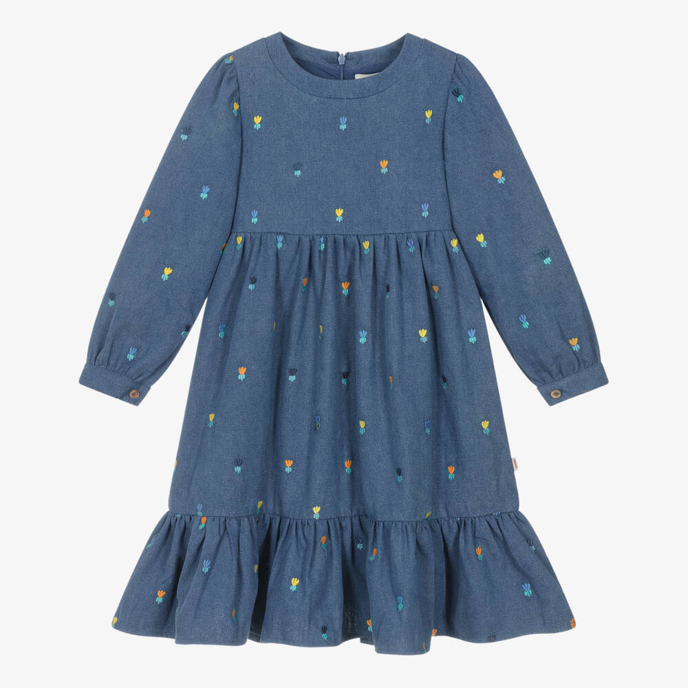Catimini-Girls Blue Denim Dress with Embroidered Flowers | Childrensalon Outlet