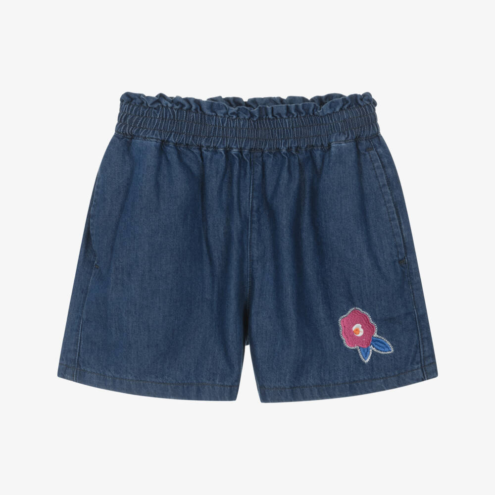 Catimini-Girls Blue Denim Shorts with Embroidered Flower | Childrensalon Outlet