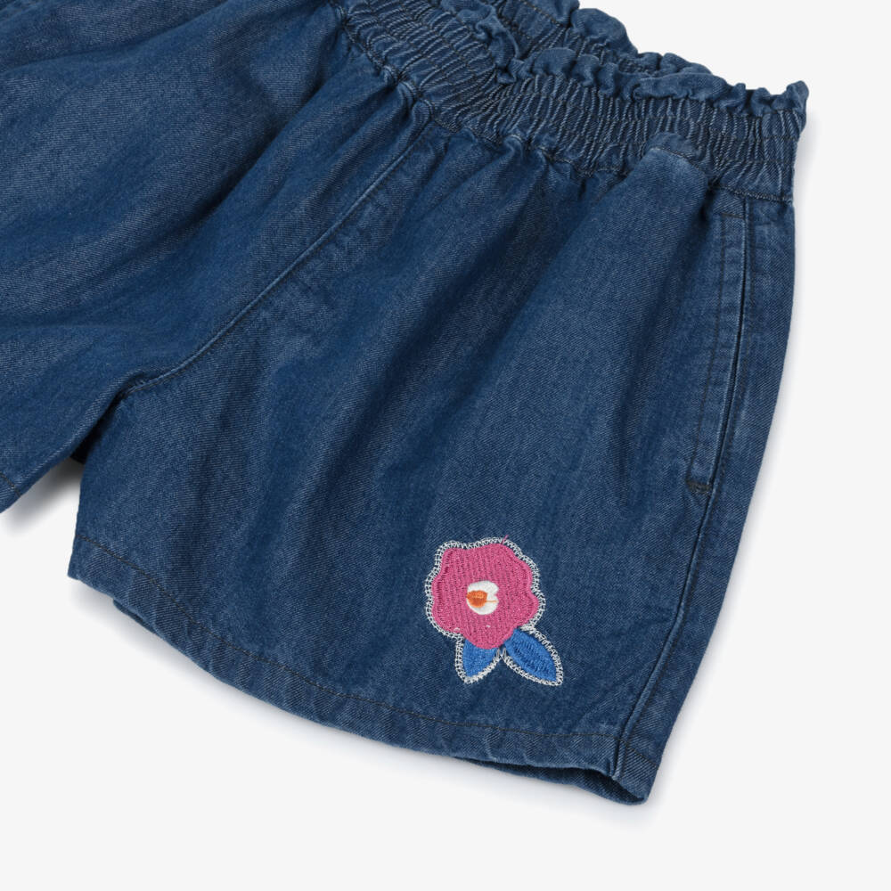 Catimini-Girls Blue Denim Shorts with Embroidered Flower | Childrensalon Outlet
