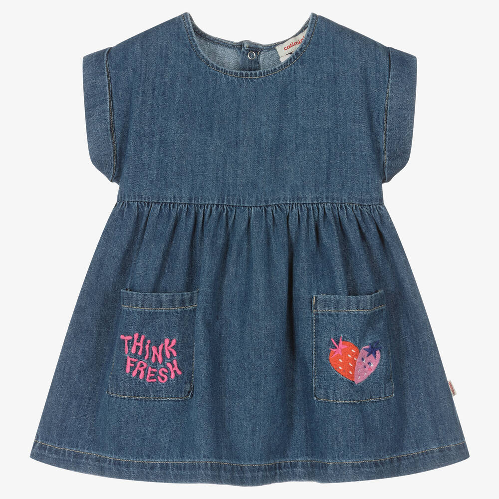 Catimini - Girls Blue Denim Strawberry Dress | Childrensalon