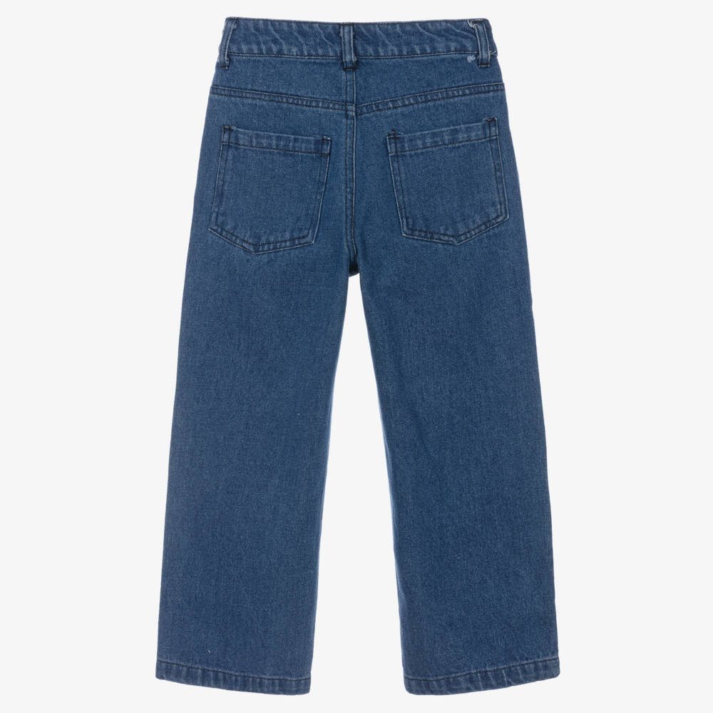 Catimini-Girls Blue Denim Wide-Leg Jeans with Floral Appliqués | Childrensalon Outlet