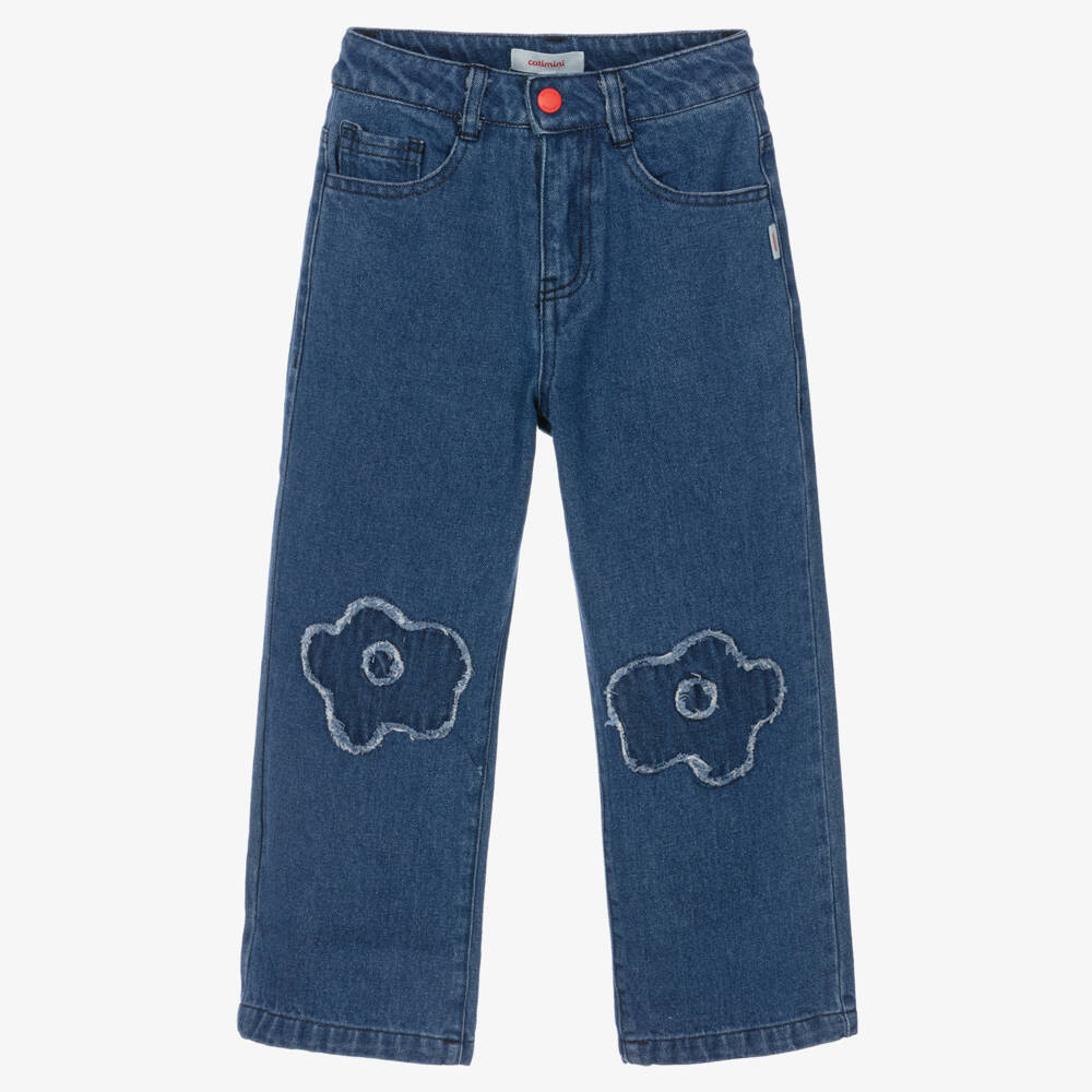 Catimini-Girls Blue Denim Wide-Leg Jeans with Floral Appliqués | Childrensalon Outlet