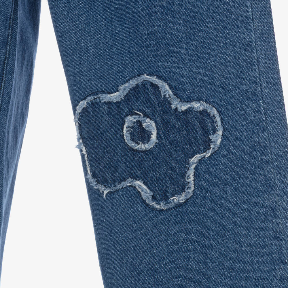 Catimini-Girls Blue Denim Wide-Leg Jeans with Floral Appliqués | Childrensalon Outlet