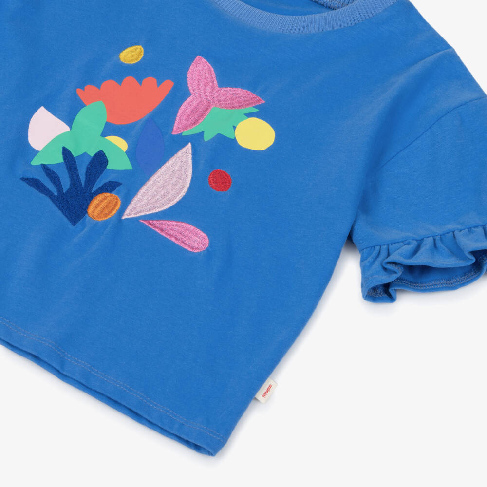 Catimini-Girls Blue Embroidered Cotton T-Shirt | Childrensalon Outlet