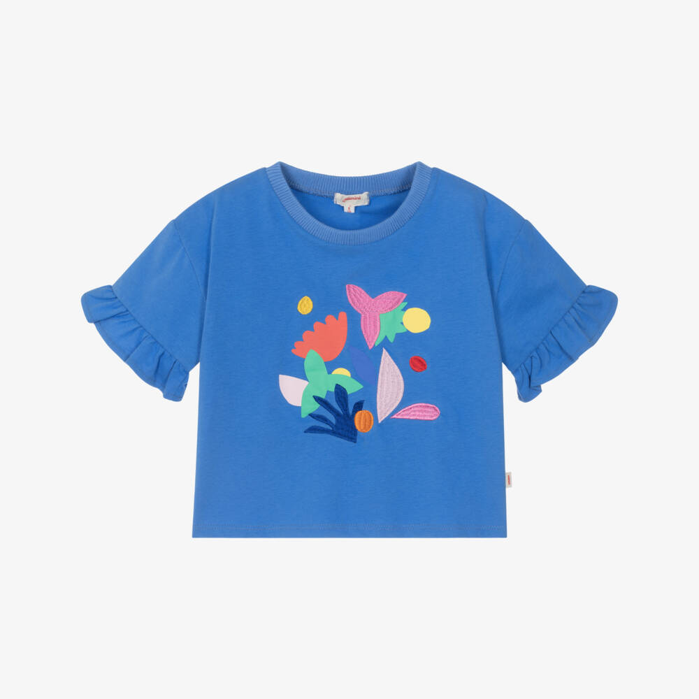 Catimini-Girls Blue Embroidered Cotton T-Shirt | Childrensalon Outlet