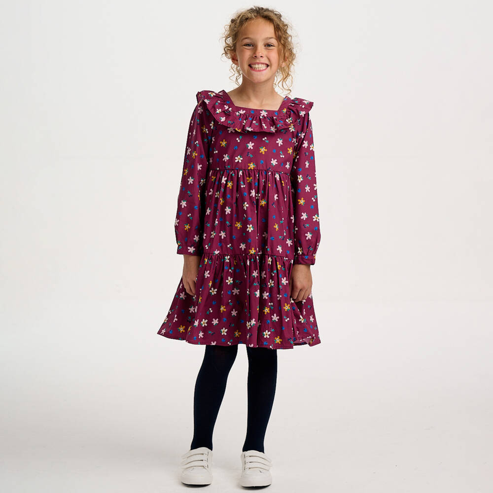 Catimini-Girls Burgundy Floral Long Sleeve Dress | Childrensalon Outlet