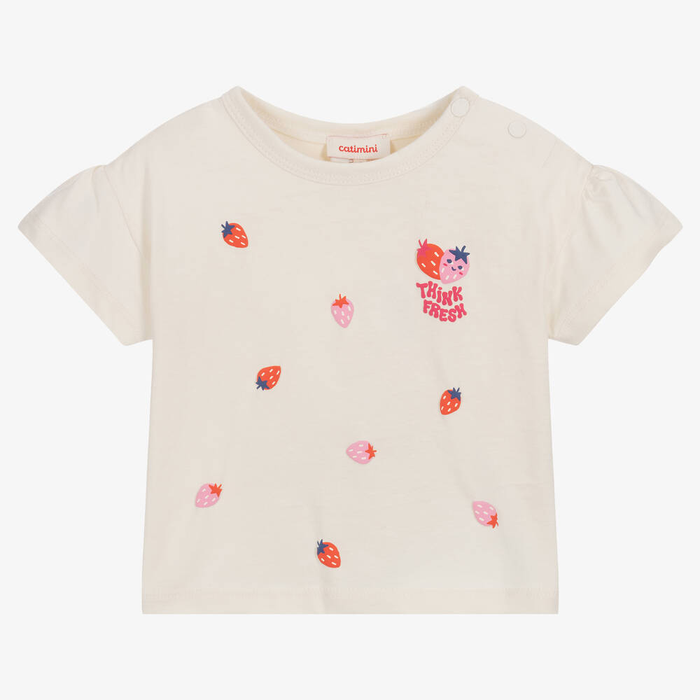 Catimini - Girls Ecru Cotton Strawberry T-Shirt | Childrensalon