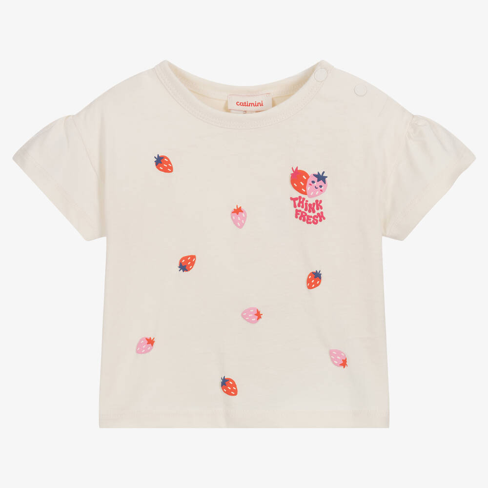 Catimini-Girls Ecru Cotton Strawberry T-Shirt | Childrensalon Outlet