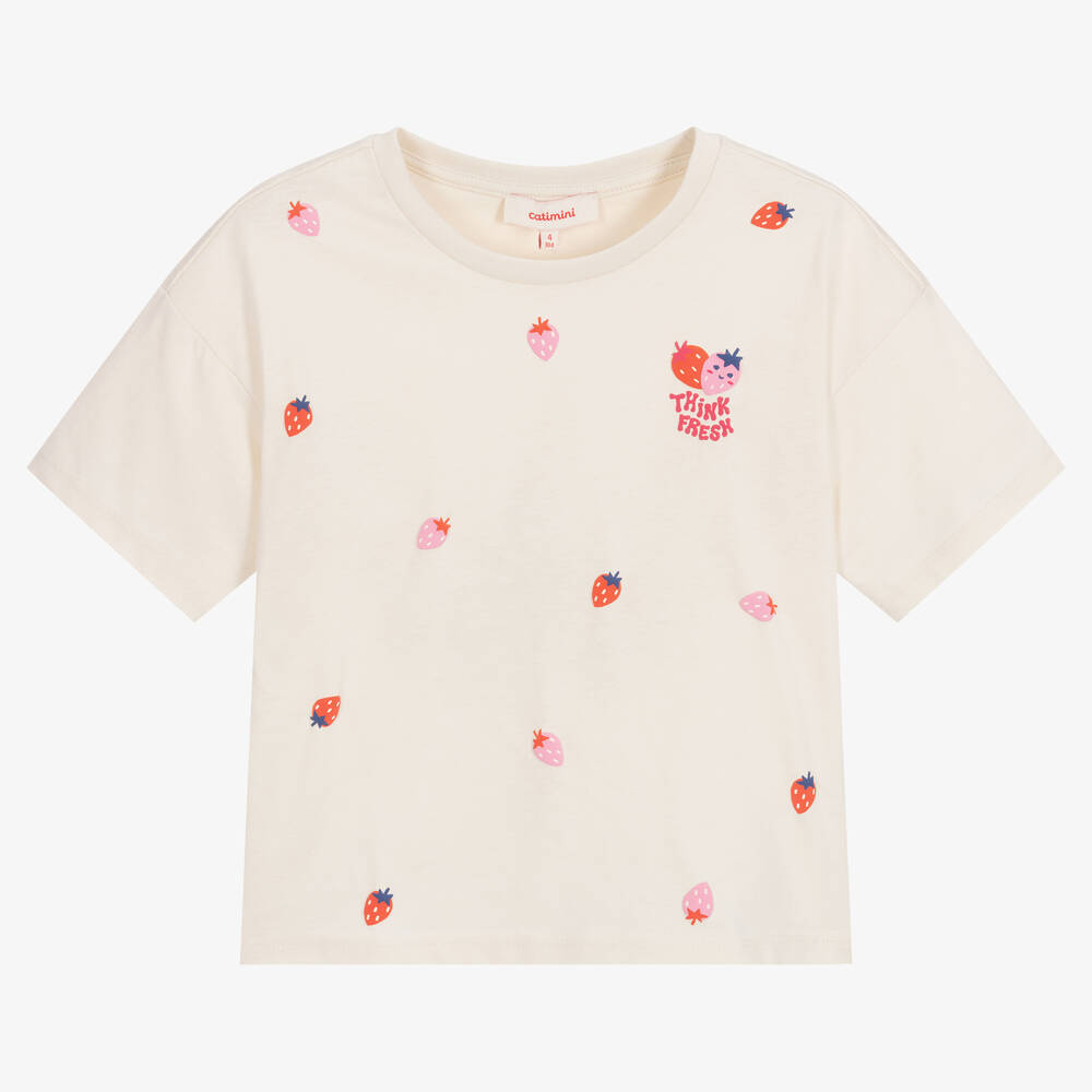 Catimini - Girls Ecru Strawberry Slogan T-Shirt | Childrensalon