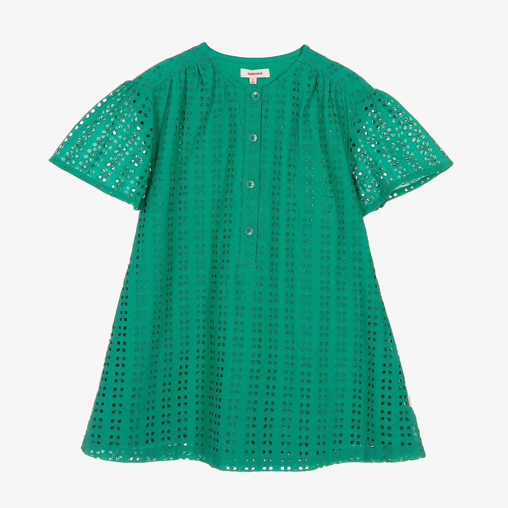 Catimini - Girls Green Cotton Cut Work Dress | Childrensalon