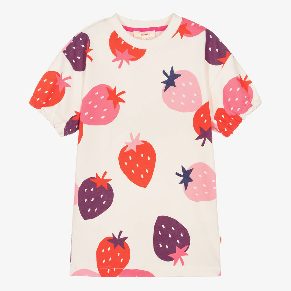 Catimini - Girls Ivory & Pink Cotton Strawberry Dress | Childrensalon