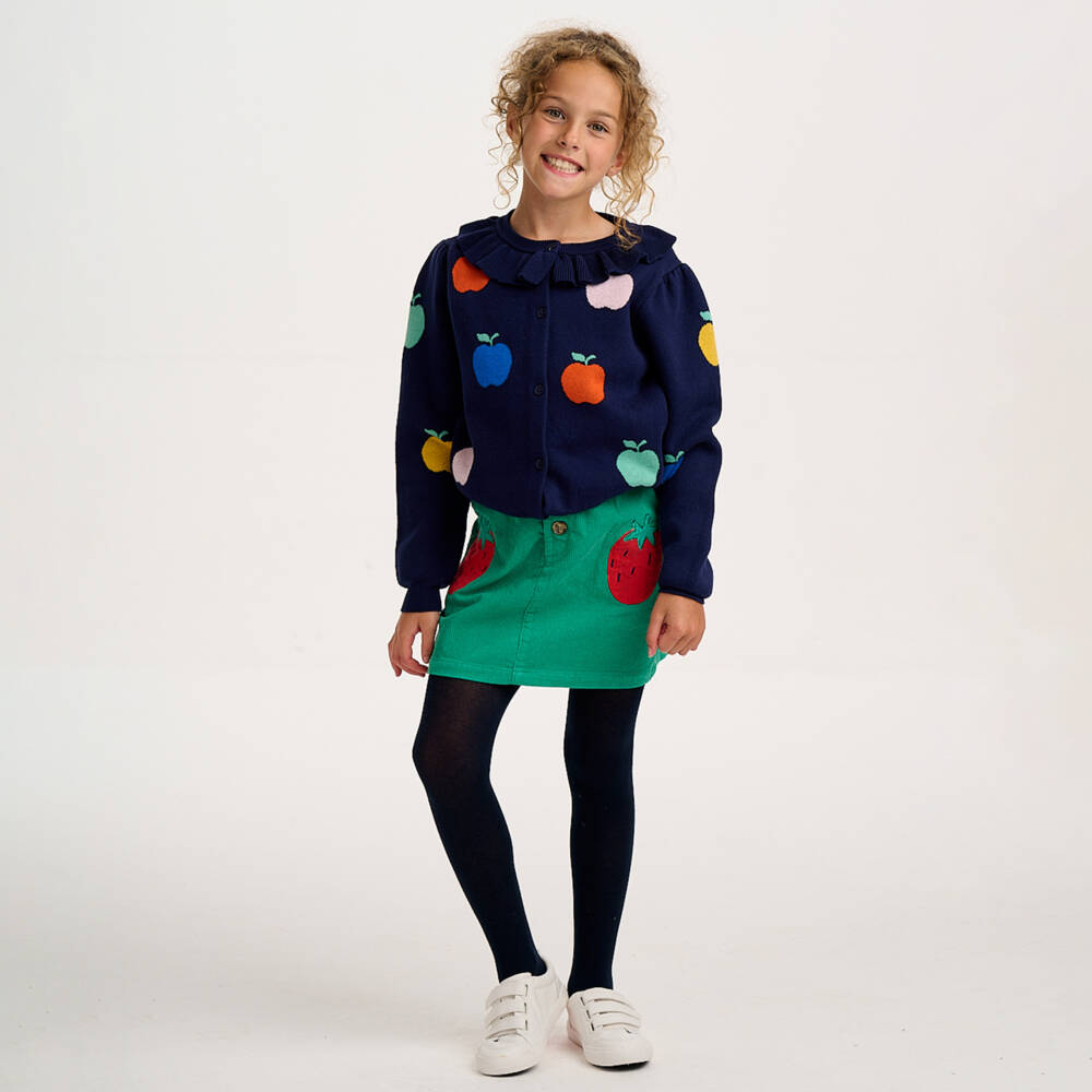 Catimini-Girls Navy Blue Cotton Knit Cardigan with Apple Motifs | Childrensalon Outlet
