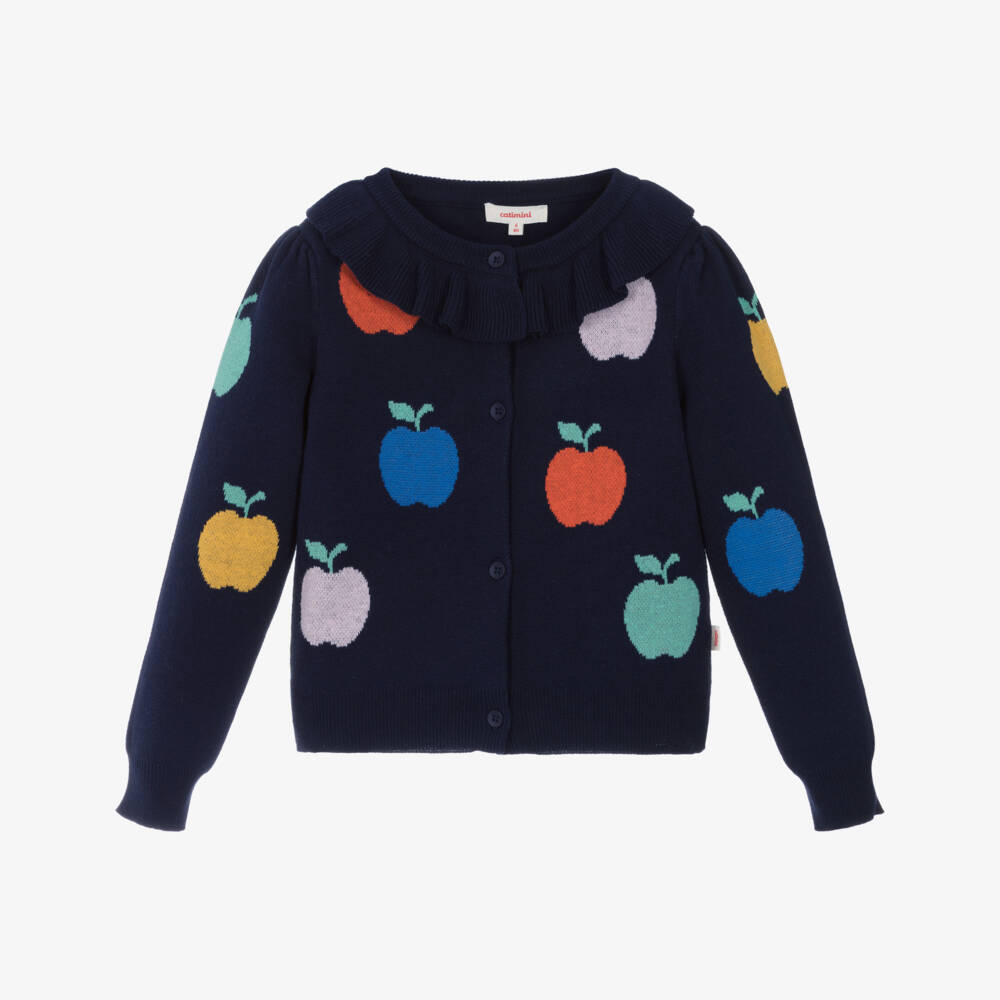 Catimini-Girls Navy Blue Cotton Knit Cardigan with Apple Motifs | Childrensalon Outlet