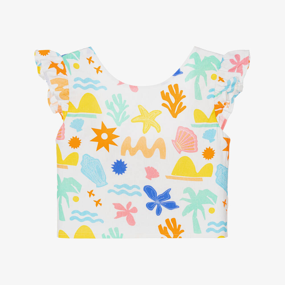 Catimini-Girls Off-White Seaside Print Cotton Top | Childrensalon Outlet