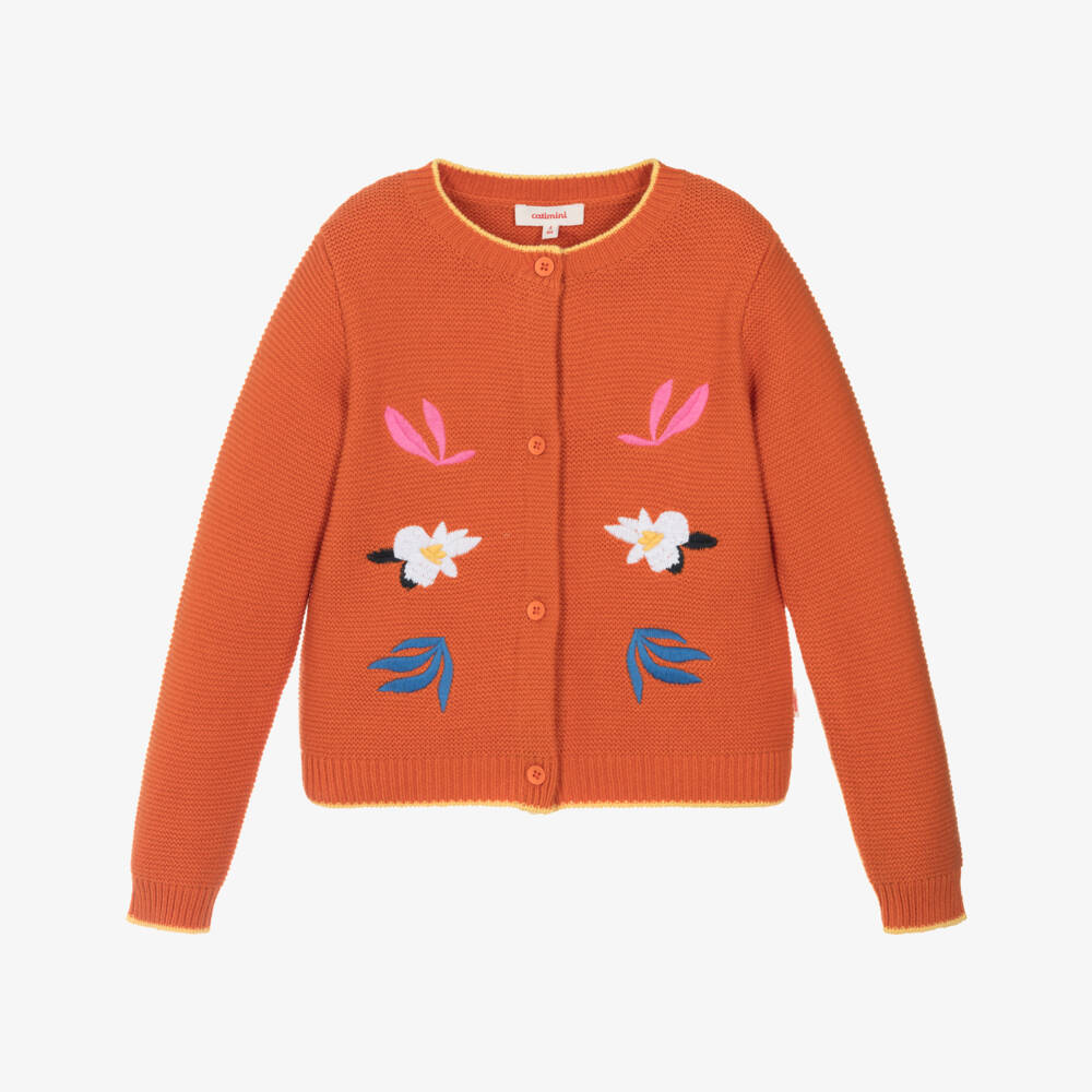 Catimini-Girls Orange Cotton Knit Cardigan with Floral Embroidery | Childrensalon Outlet