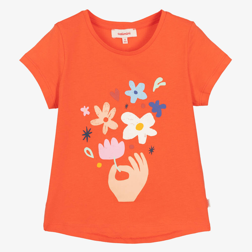 Catimini - Оранжевая хлопковая футболка для девочек | Childrensalon
