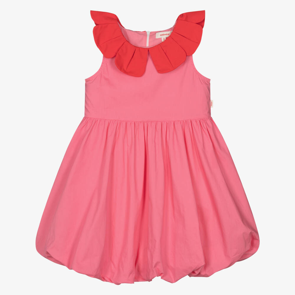 Catimini-Girls Pink Cotton Bubble Hem Dress with Petal Collar | Childrensalon Outlet