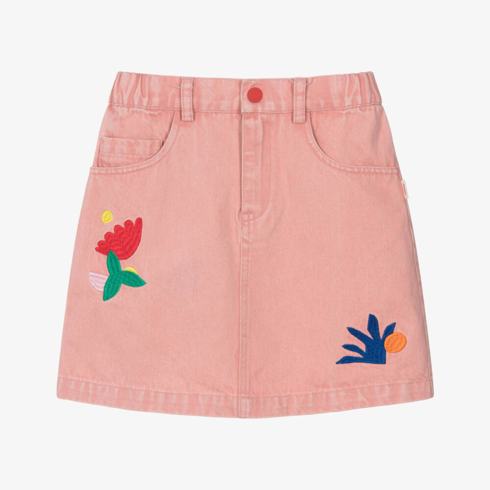Catimini-Girls Pink Denim Skirt with Embroidered Flowers | Childrensalon Outlet