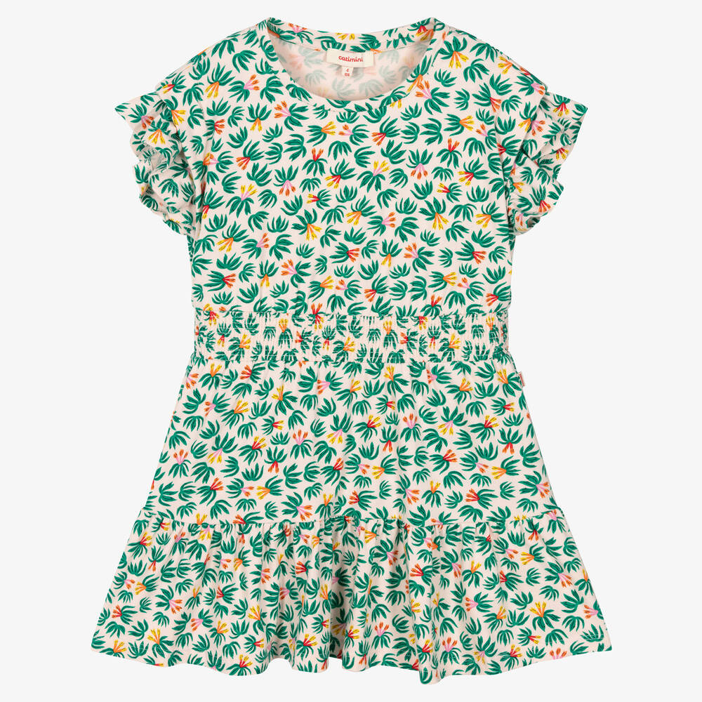 Catimini Girls Pink Green Floral Cotton Dress Childrensalon Outlet