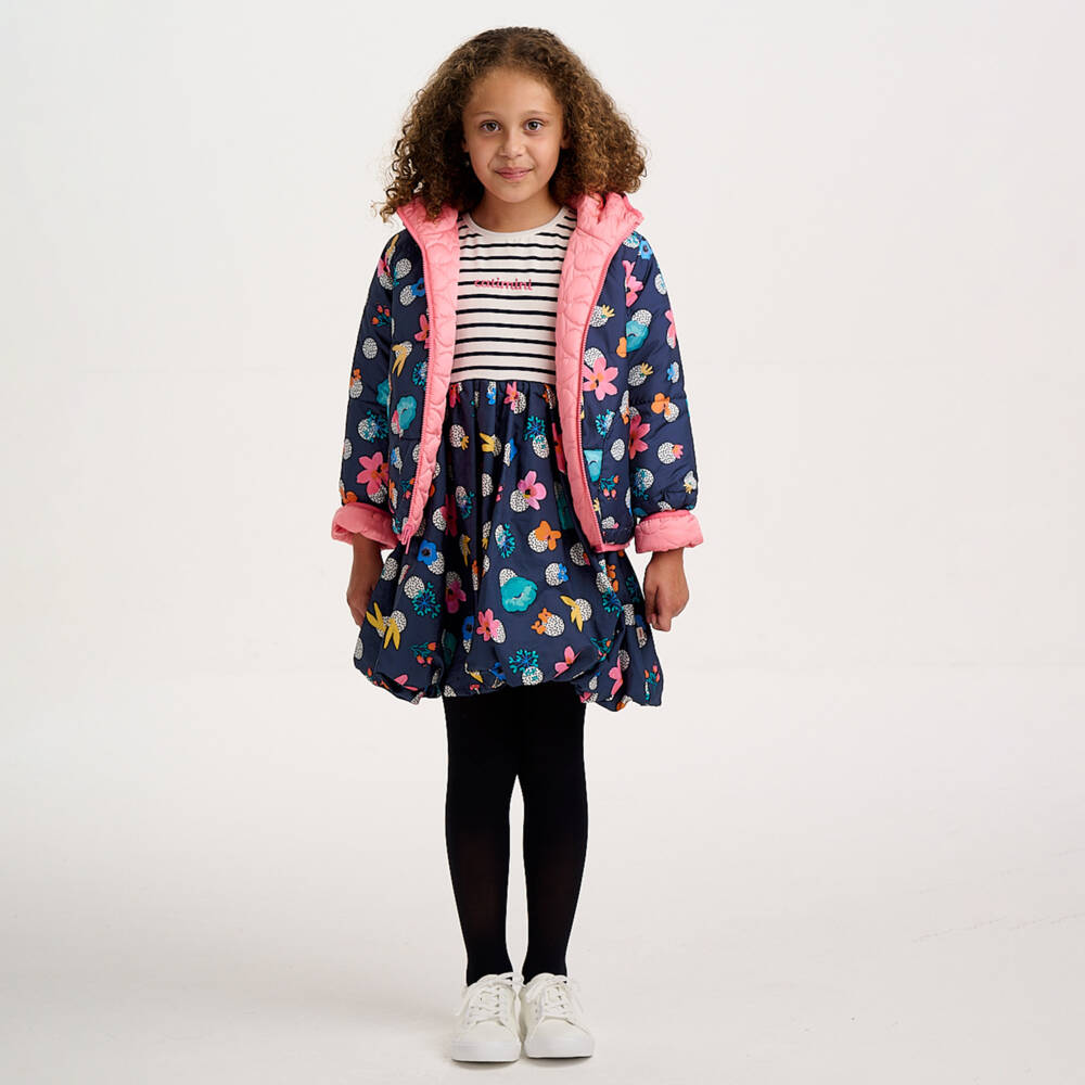 Catimini-Girls Pink & Navy Blue Floral Reversible Puffer Jacket | Childrensalon Outlet