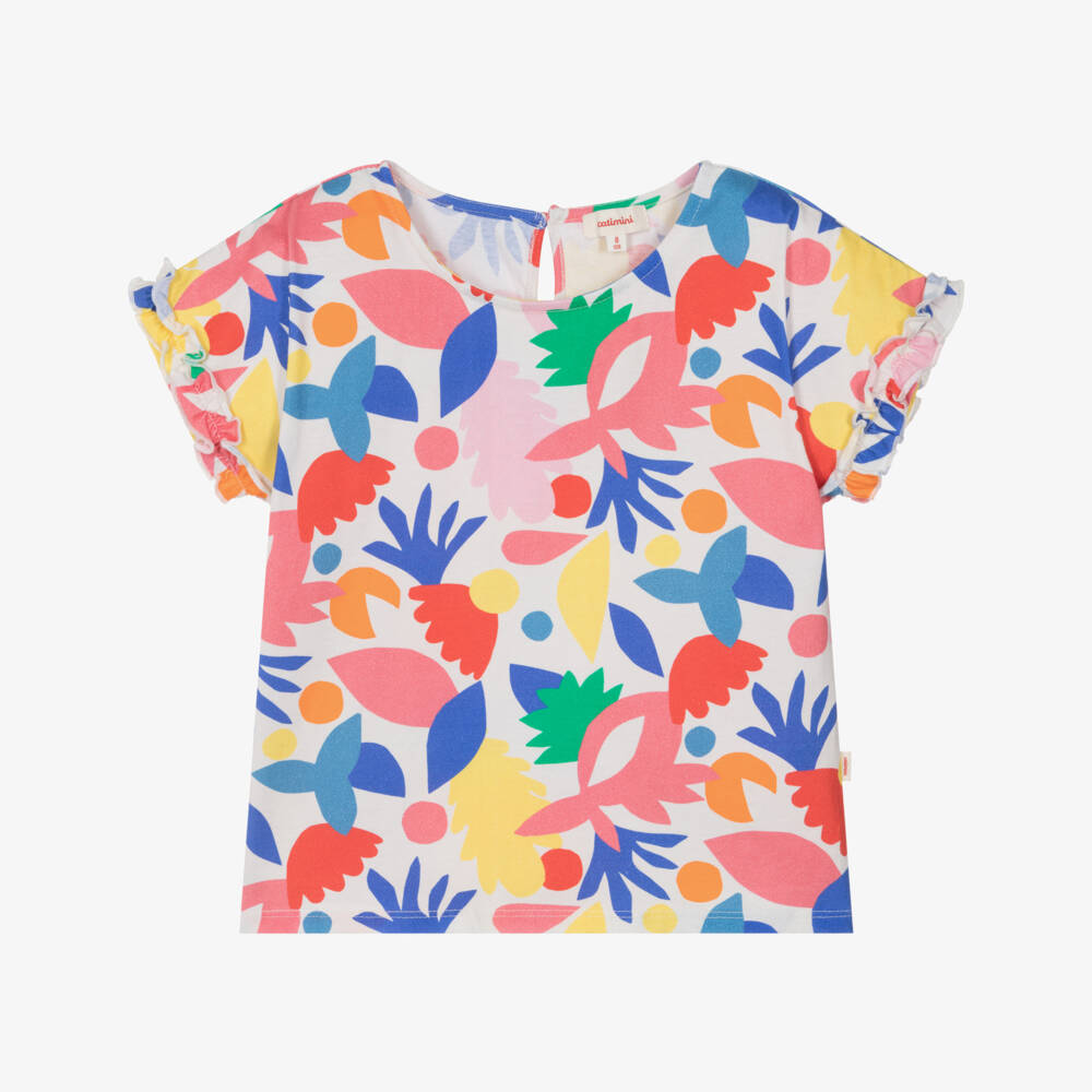 Catimini-Girls Red & Blue Cotton Floral T-Shirt | Childrensalon Outlet