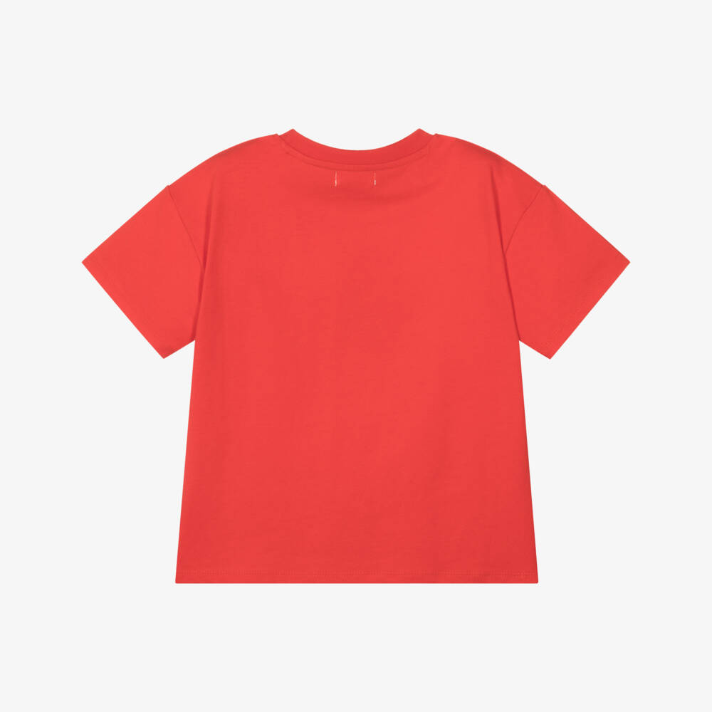 Catimini-Girls Red Cotton Logo T-Shirt with Glitter Flower Print | Childrensalon Outlet