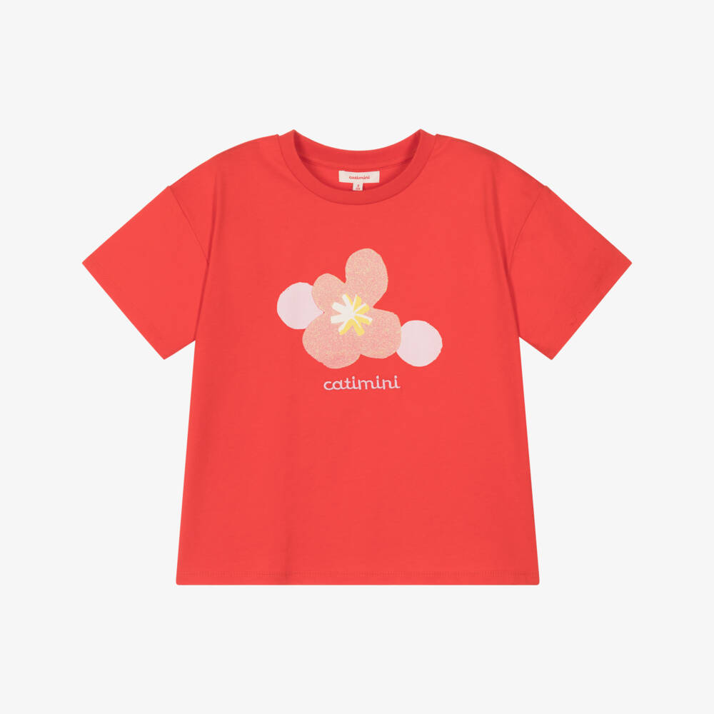 Catimini-Girls Red Cotton Logo T-Shirt with Glitter Flower Print | Childrensalon Outlet