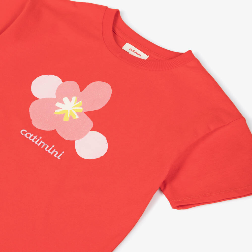 Catimini-Girls Red Cotton Logo T-Shirt with Glitter Flower Print | Childrensalon Outlet