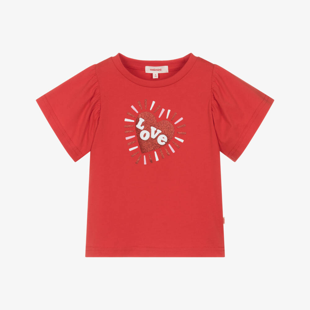 Catimini-تيشيرت قطن أحمر للبنات مزين بقلب | Childrensalon Outlet
