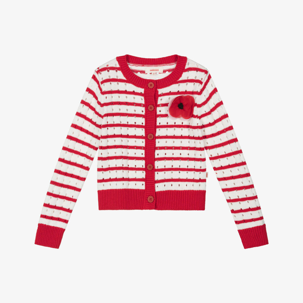 Catimini-Girls Striped Red & White Knit Cardigan | Childrensalon Outlet