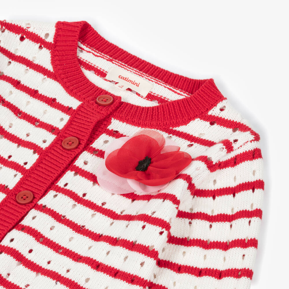 Catimini-Girls Striped Red & White Knit Cardigan | Childrensalon Outlet