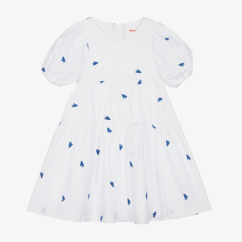 Catimini - Baumwollkleid mit Vögeln weiß/blau | Childrensalon