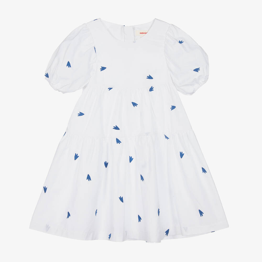 Catimini - Girls White & Blue Cotton Bird Dress | Childrensalon