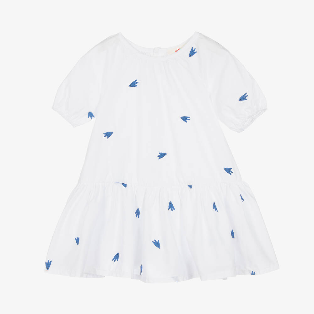 Catimini - Белое хлопковое платье с голубыми птичками | Childrensalon