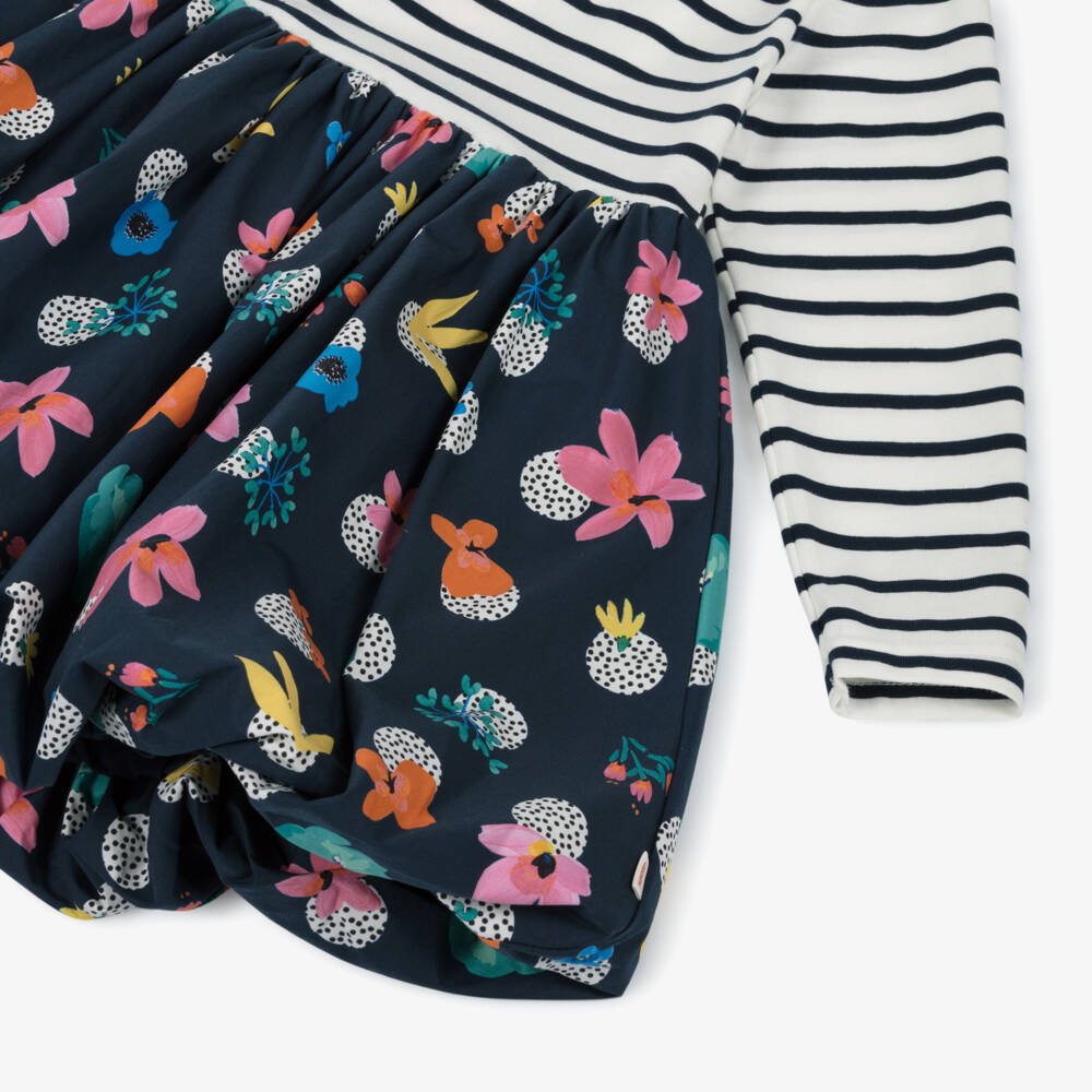 Catimini-Girls White & Blue Stripe Cotton Dress with Logo & Flowers | Childrensalon Outlet