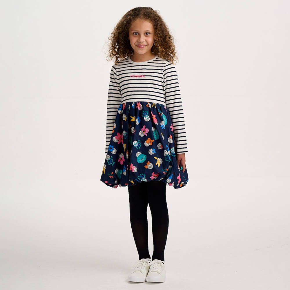 Catimini-Girls White & Blue Stripe Cotton Dress with Logo & Flowers | Childrensalon Outlet