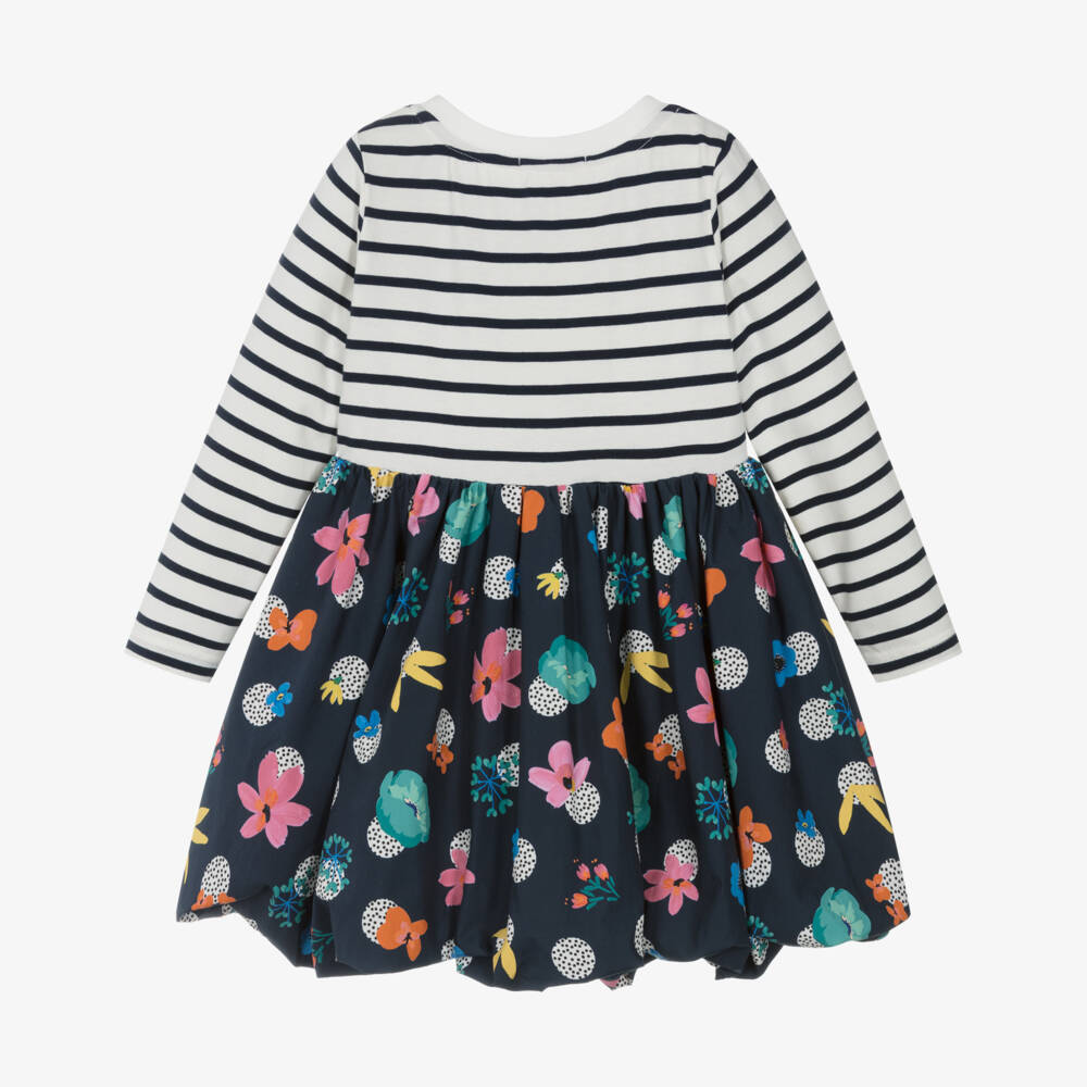 Catimini-Girls White & Blue Stripe Cotton Dress with Logo & Flowers | Childrensalon Outlet