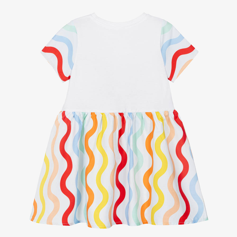 Catimini-Girls White Cotton Dress with Wavy Stripes & Embroidered Logo | Childrensalon Outlet