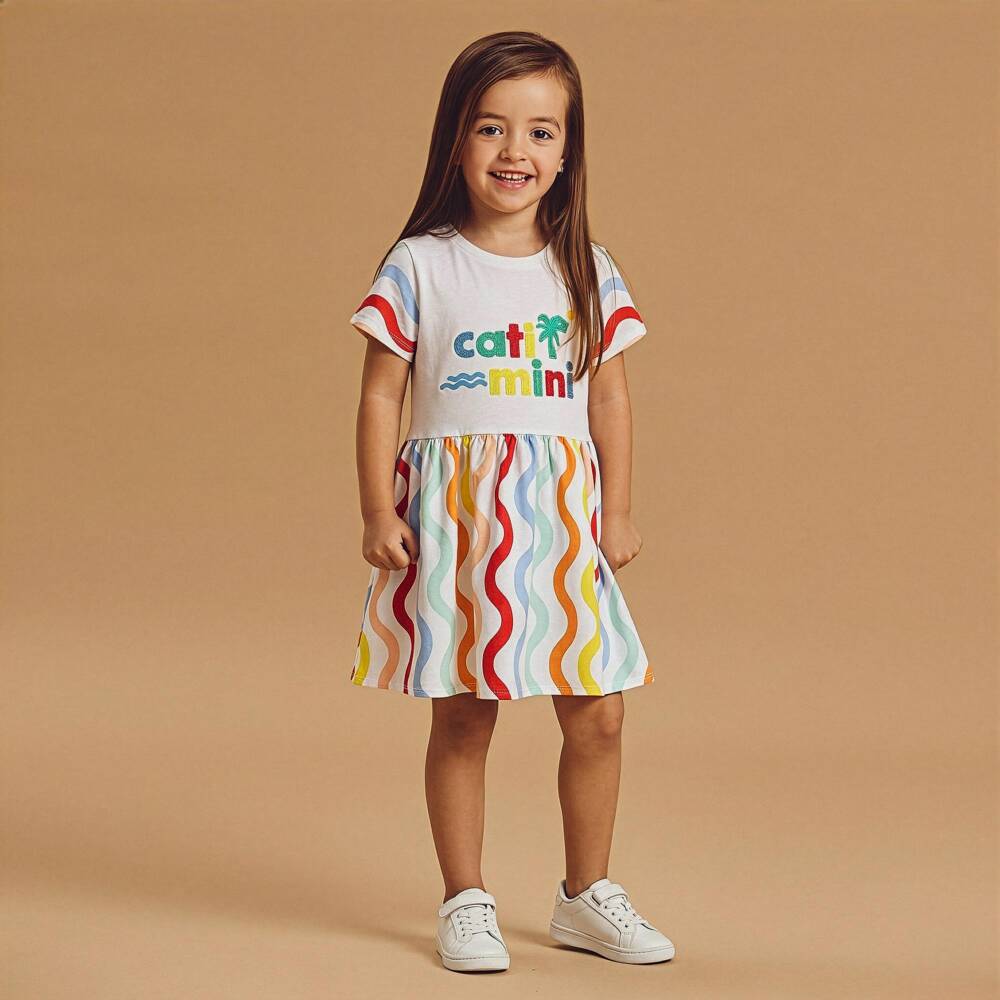 Catimini-Girls White Cotton Dress with Wavy Stripes & Embroidered Logo | Childrensalon Outlet