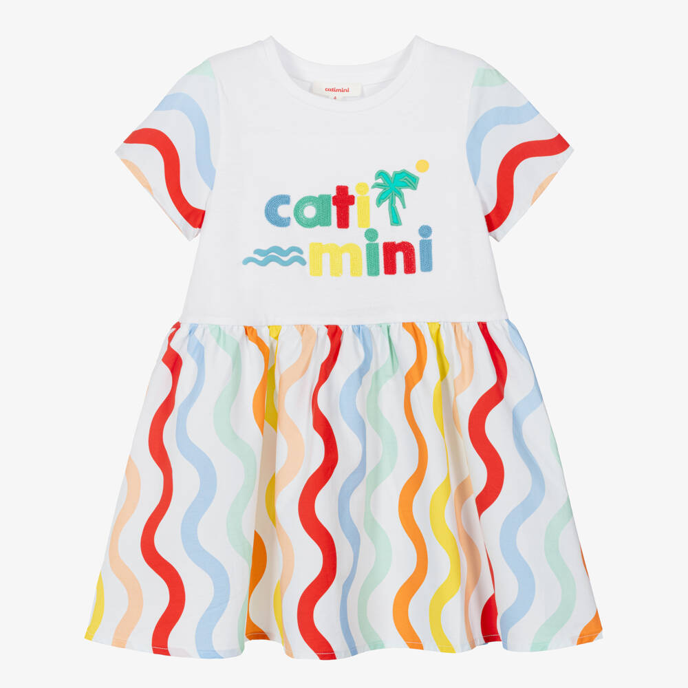 Catimini-Girls White Cotton Dress with Wavy Stripes & Embroidered Logo | Childrensalon Outlet