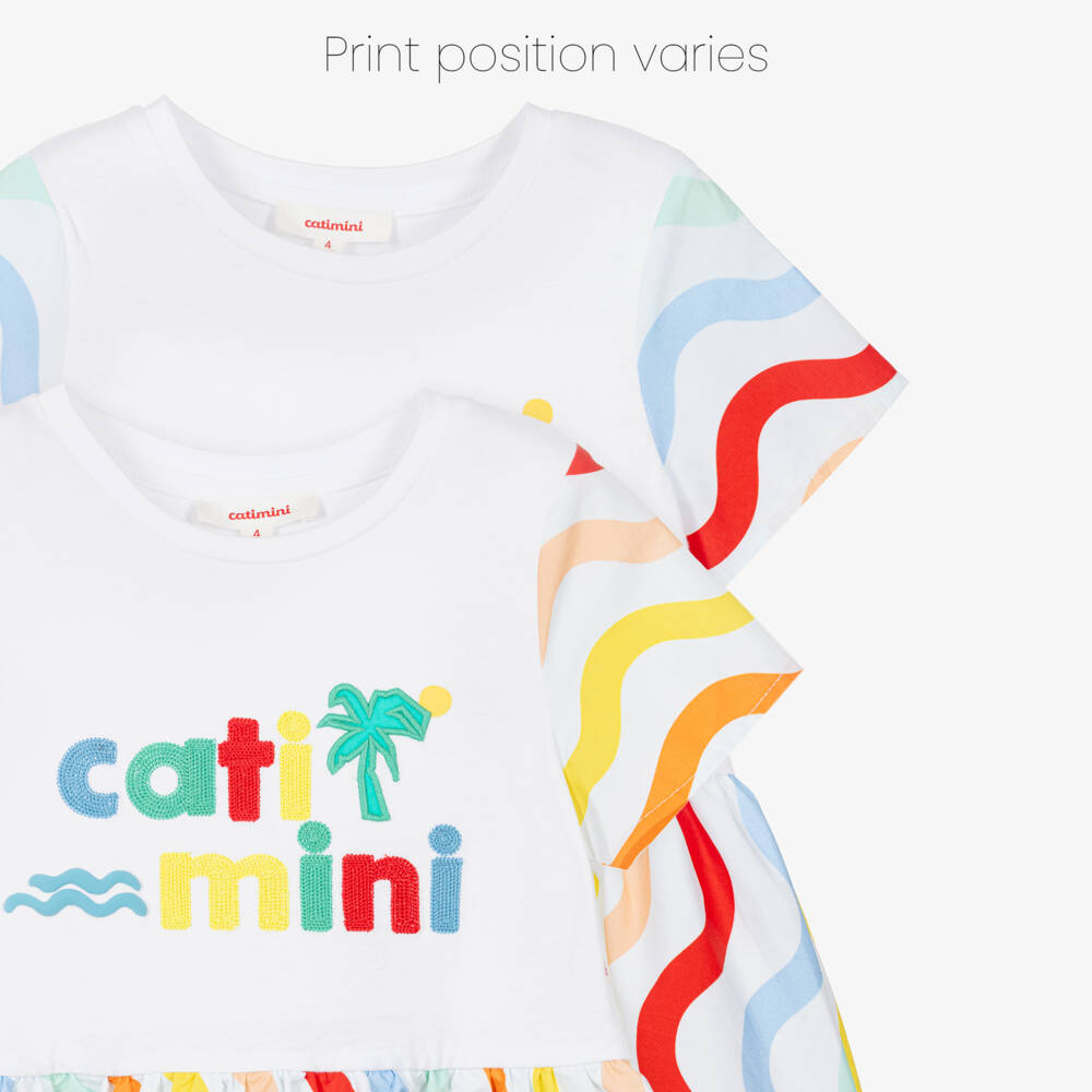 Catimini-Girls White Cotton Dress with Wavy Stripes & Embroidered Logo | Childrensalon Outlet