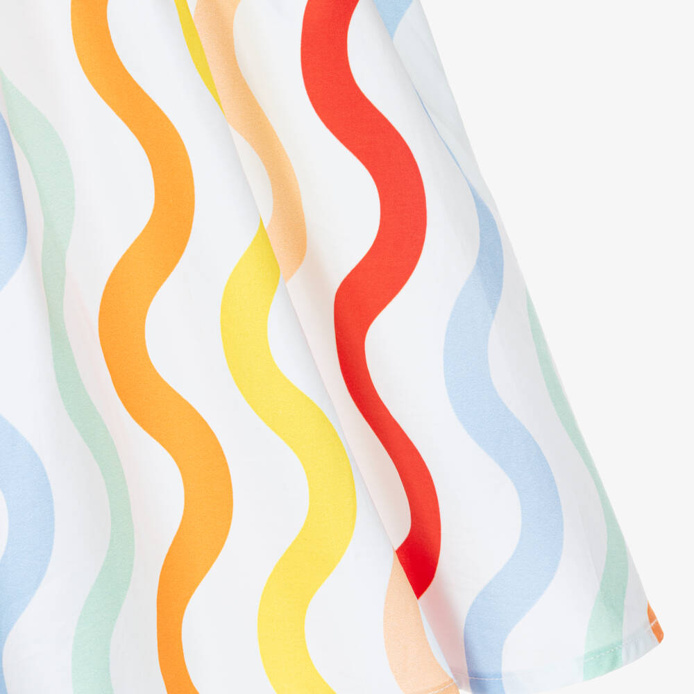 Catimini-Girls White Cotton Dress with Wavy Stripes & Embroidered Logo | Childrensalon Outlet