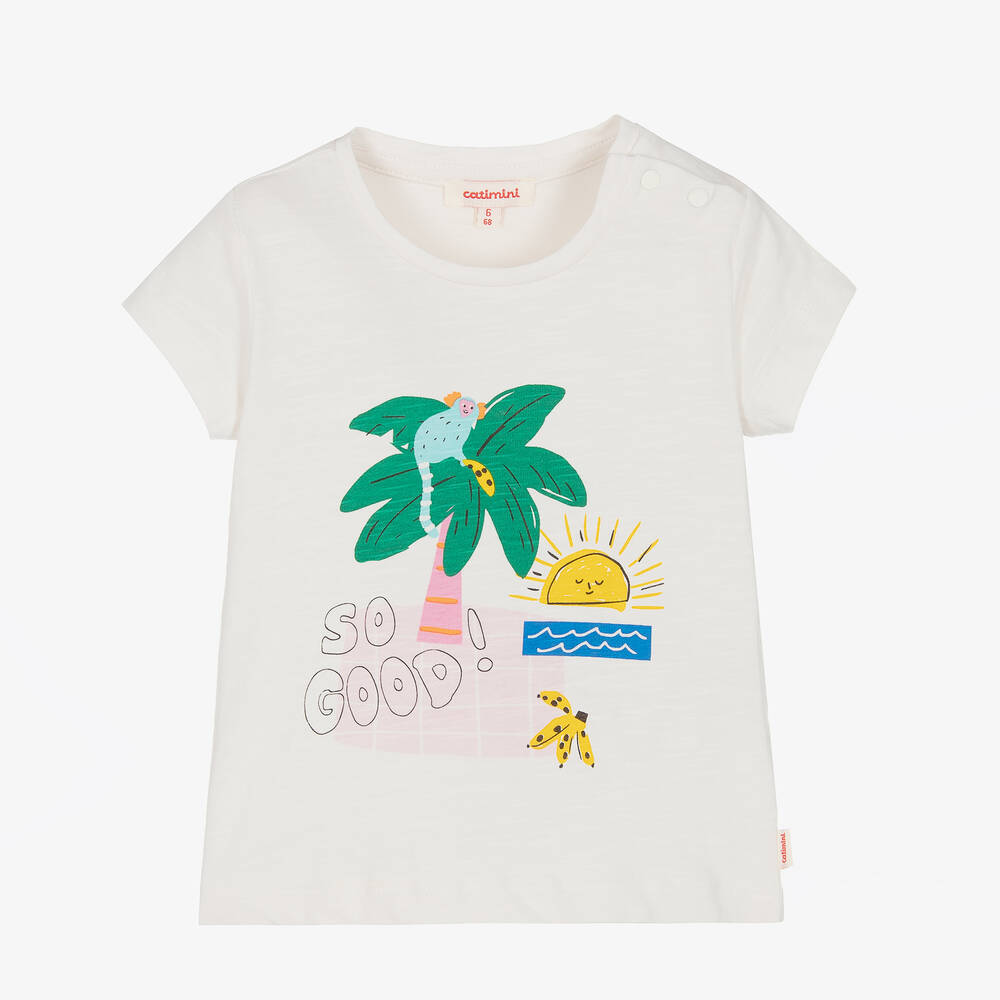 Catimini - Girls White Cotton Palm Tree T-Shirt | Childrensalon