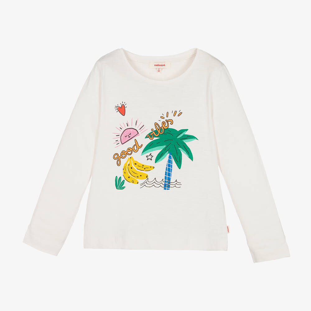 Catimini - Girls White Cotton Palm Tree Top | Childrensalon