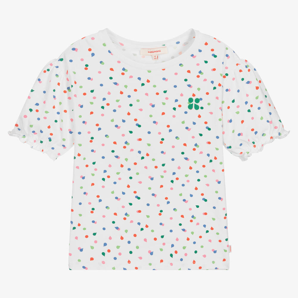 Catimini - Girls White Cotton Polka Dot T-Shirt | Childrensalon