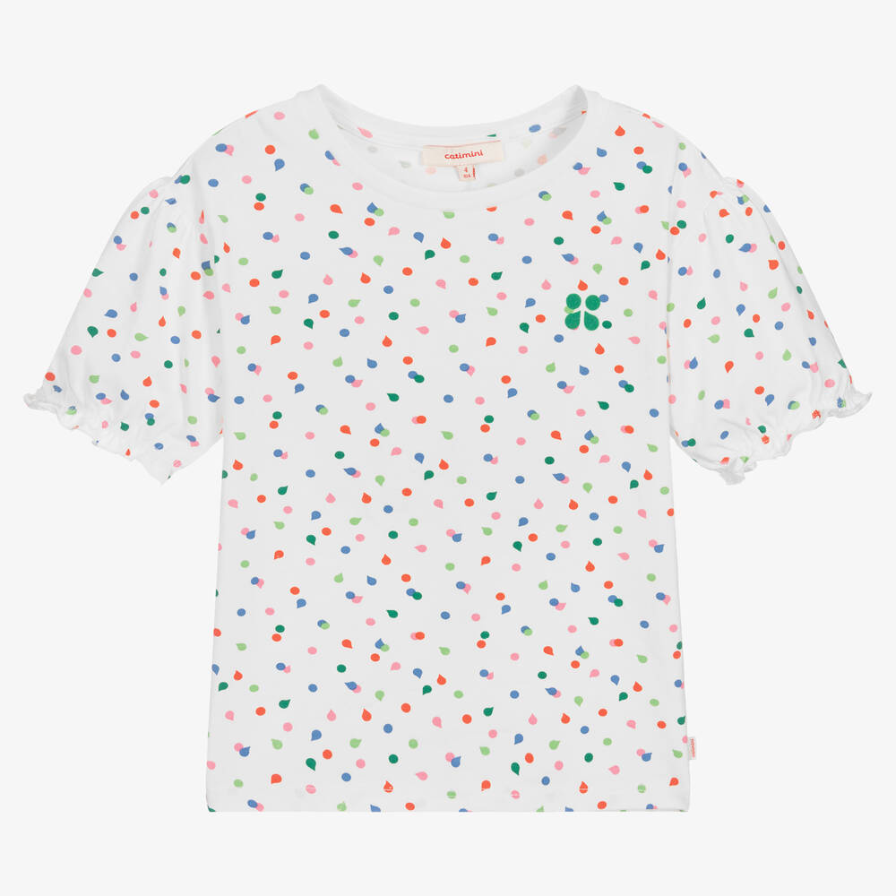 Catimini-Girls White Cotton Polka Dot T-Shirt | Childrensalon Outlet