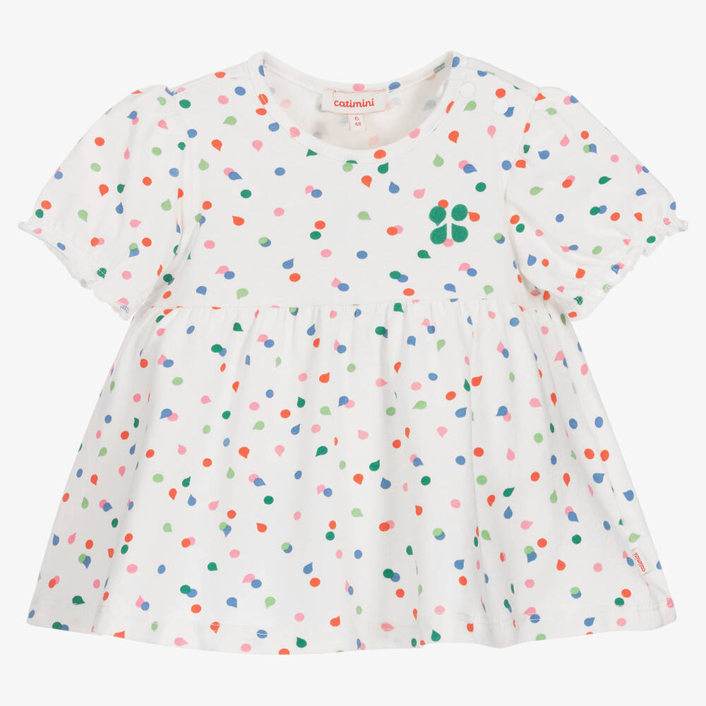 Catimini - Girls White Cotton Polka Dot T-Shirt | Childrensalon