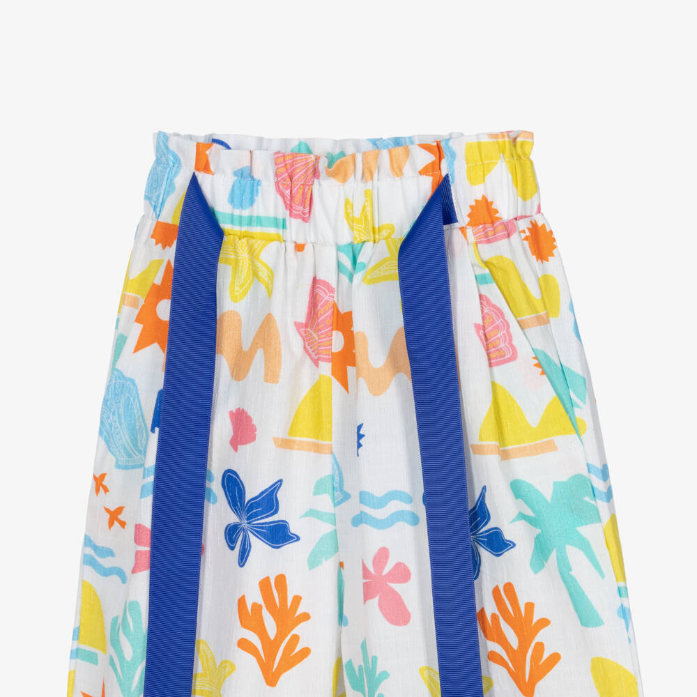 Catimini-Girls White Cotton Wide-Leg Trousers with Seaside Print | Childrensalon Outlet