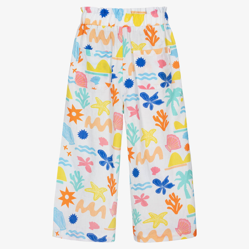Catimini-Girls White Cotton Wide-Leg Trousers with Seaside Print | Childrensalon Outlet